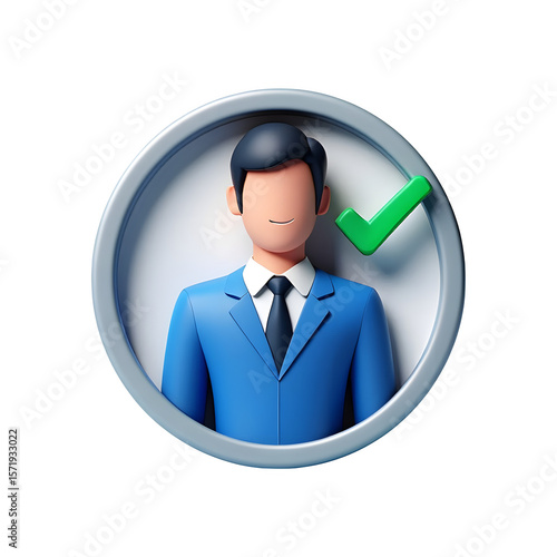 Stylized 3d businessman in a blue suit with a green checkmark isolated on transparent background