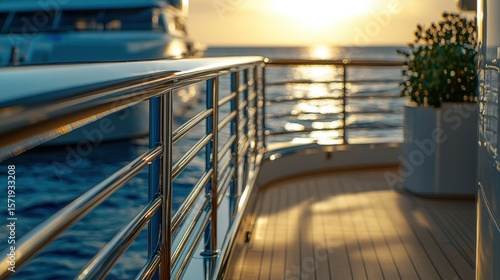 Luxurious yacht railing at sunset