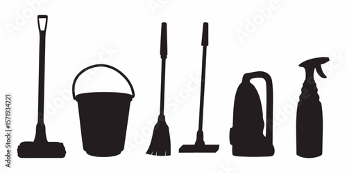 Cleaning supplies vector illustration of bucket sponge spray mop and vacuum cleaner for household chores work