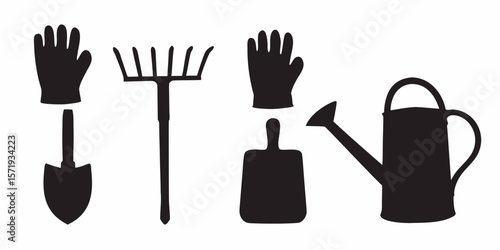 Gardening tools vector graphic for garden work and planting including rake shovel gloves and watering can art silhouette