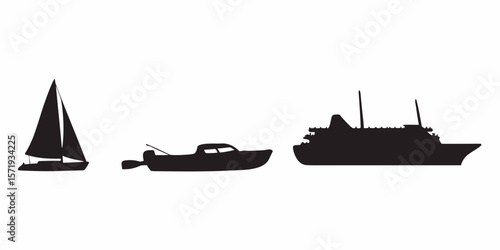 Boat types silhouette vector illustration including sailboat speedboat and cruise ship design element