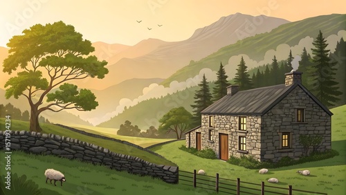 Cozy Stone Cottage in a Peaceful Mountain Valley at Sunrise