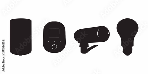 Black silhouette of smart home devices including speaker thermostat spotlight and lightbulb design vector