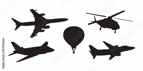 Aircrafts and balloon vector silhouettes for aviation enthusiasts and travel industry designs element