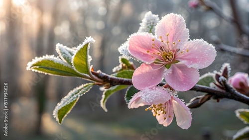 Delicate Pink Blossom Covered in Morning Frost – Close-Up Nature Macro