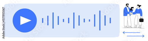 Audio playback with waveform, large play icon, and colleagues discussing task management. Ideal for teamwork, communication, project planning, media, business collaboration technology. Simple flat