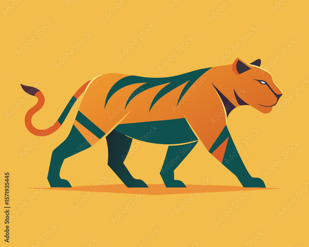 Fototapeta premium Stylized tiger walking with abstract stripes in a modern flat design