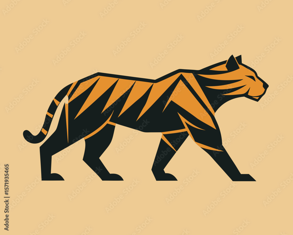 Fototapeta premium Stylized geometric tiger walking profile on a light brown background