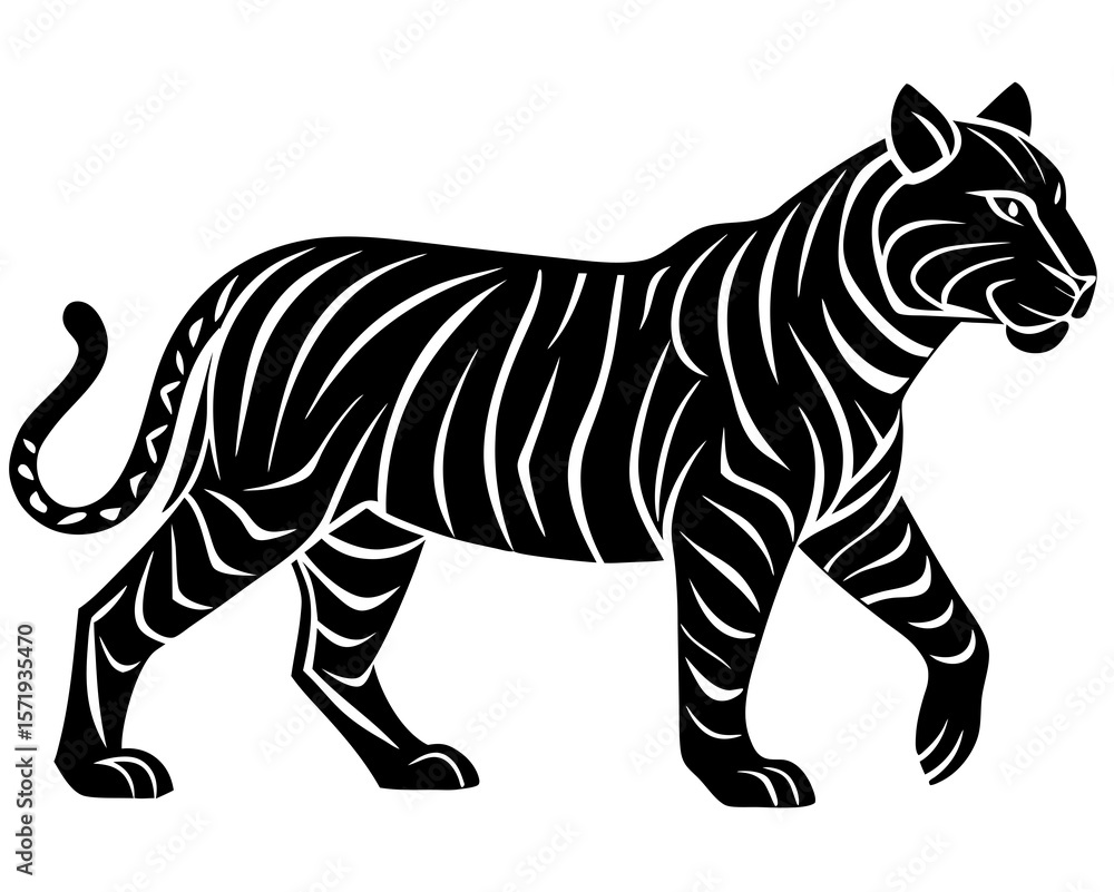 Fototapeta premium Stylized black and white silhouette of a tiger walking gracefully