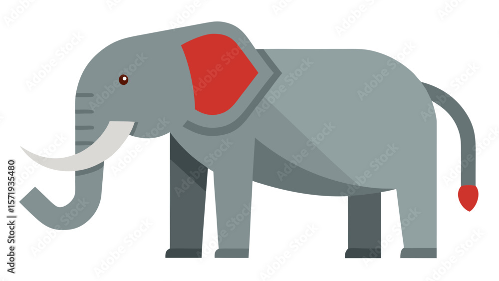 Fototapeta premium Stylized flat design illustration of a gray elephant with red ears and tail