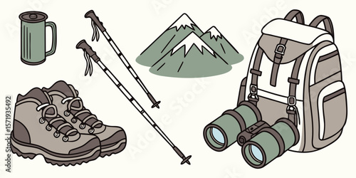 Hiking gear checklist illustration for outdoor adventure and mountain trekking equipment planning list