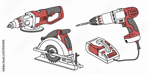 Handheld power tools set for construction and diy projects including drill sander and circular saw vector art