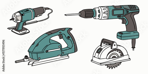 Illustration of power tools including a drill sander jigsaw and circular saw for construction work use