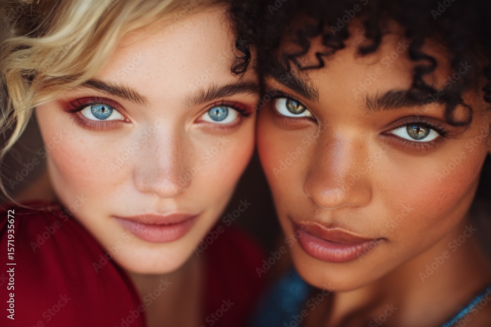 Close-up of young caucasian and african females with vibrant eye makeup and curly hair Close-up of young caucasian and african females with vibrant eye makeup and curly hair