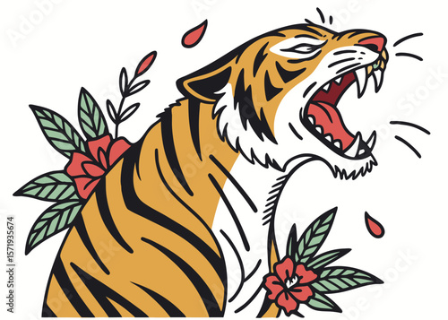 Roaring tiger with red flowers and green leaves in traditional tattoo style