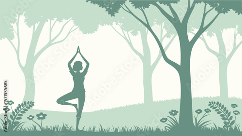 Woman practicing yoga tree pose in a serene forest landscape with flowers