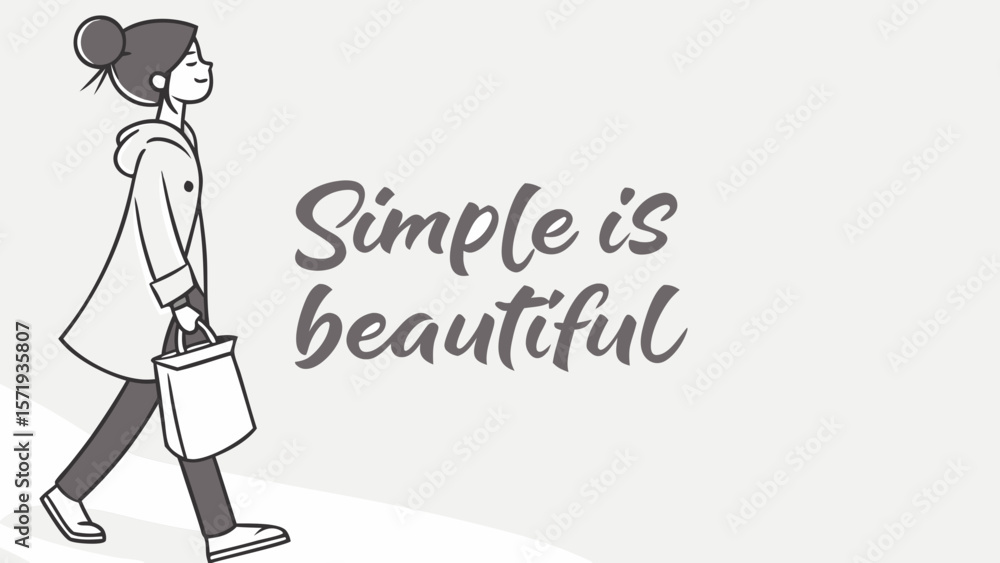 Stylish woman with shopping bag walking with the phrase simple is beautiful Stylish woman with shopping bag walking with the phrase simple is beautiful