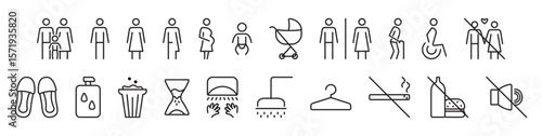Public restroom black line icon set, lgbt friendly editable stroke WC symbols, vector sign collection for lavatory, changing room and bathroom. Pictograms for women, men and gender-neutral people