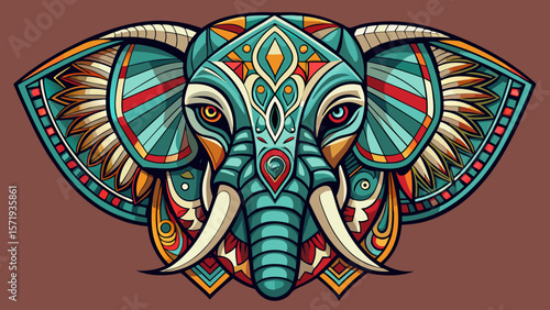 Intricate tribal elephant head with colorful geometric patterns and tusks