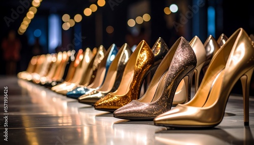 Row of high-heeled shoes in various colors
