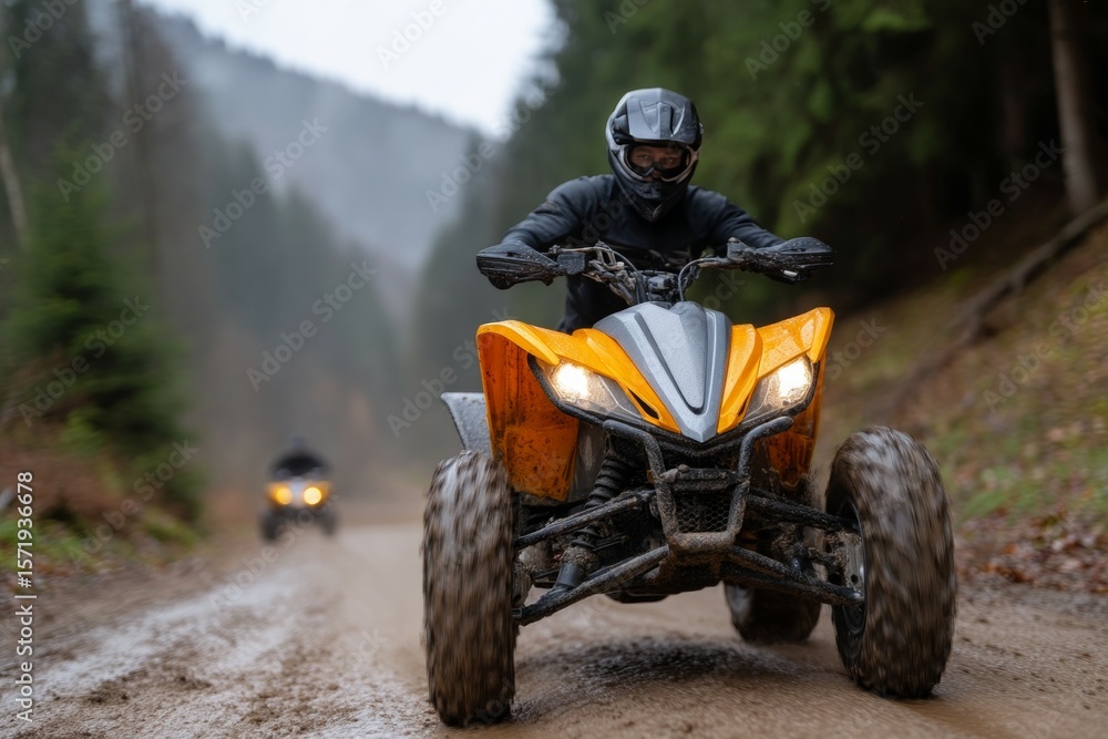 Male driving all-terrain vehicle through forest trail Male driving all-terrain vehicle through forest trail