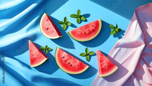 Watermelon wedges with mint leaves on a summer-themed blue background