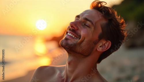 A serene, self-assured individual basking in the sun's glow, radiating contentment and inner peace A picture of male beauty at ease with oneself , happiness, content, masculine