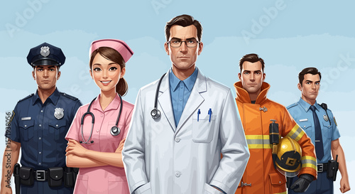 Vector Illustrations. Diverse First Responders in Uniform Ready for Action. EPS Editable