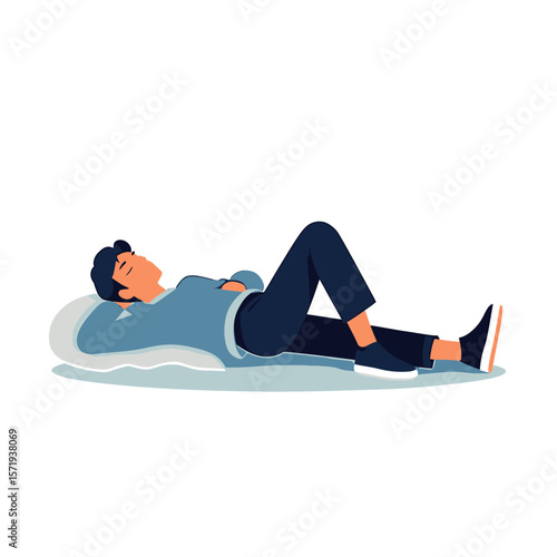 Vector Illustrations. Man Relaxing on Pillow Lying Down in Casual Clothes Peaceful Pose. EPS Editable