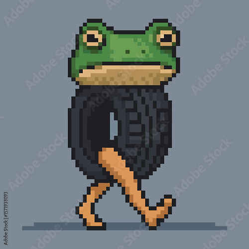 Vector Illustrations. Anomali Italian Brainrot Boneca Ambalabu Pixel Art Frog Walking Inside a Tire Green Amphibian with Orange Legs. EPS Editable