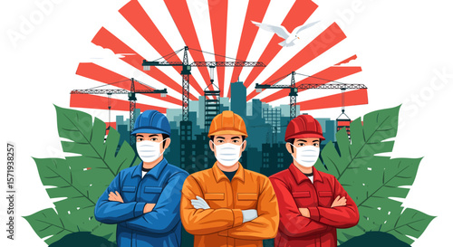 Vector Illustrations. Three Construction Workers Wearing Masks with Arms Crossed Safety First. EPS Editable