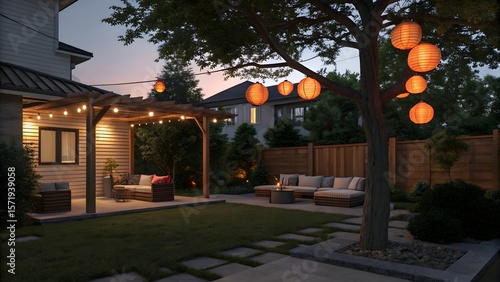 Modern Backyard Patio at Dusk with String Lights and Lanterns – Cozy Outdoor Living Space
