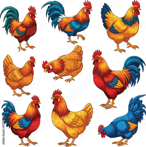  A lively set of nine illustrations showcasing a diverse range of roosters and hens in various poses