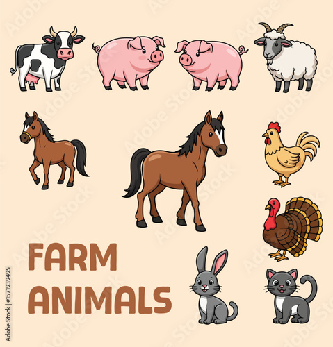 vector illustration showcasing a diverse array of popular farm animals.