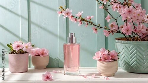 Wallpaper Mural Pink Perfume Bottle with Cherry Blossoms in Pastel Floral Setting Torontodigital.ca