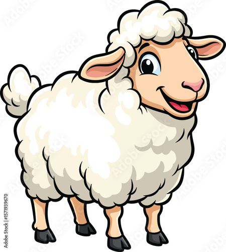 A vibrant and cheerful vector illustration of a cute cartoon farm sheep with fluffy white wool and a friendly smile.