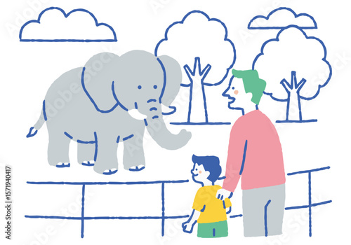 Parent and child watching elephants at the zoo_Color