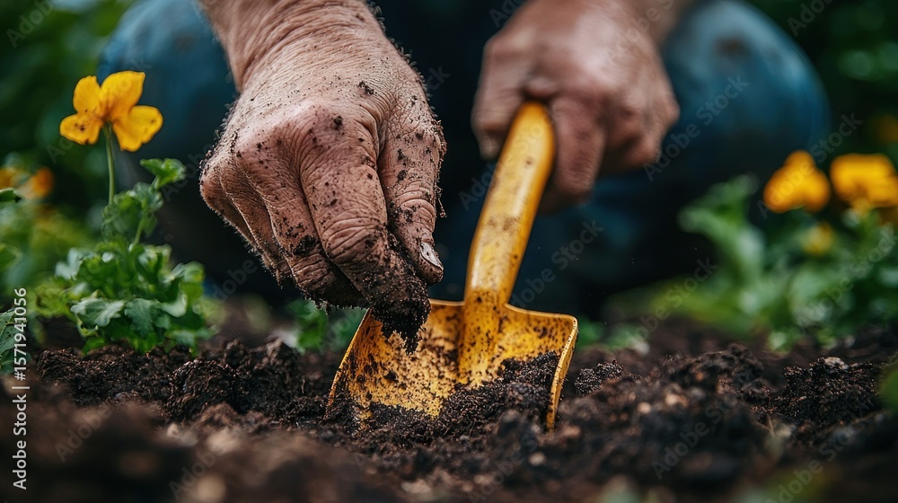 Fototapeta premium Close-up of hands working soil with trowel. Elderly gardener tending a flowerbed