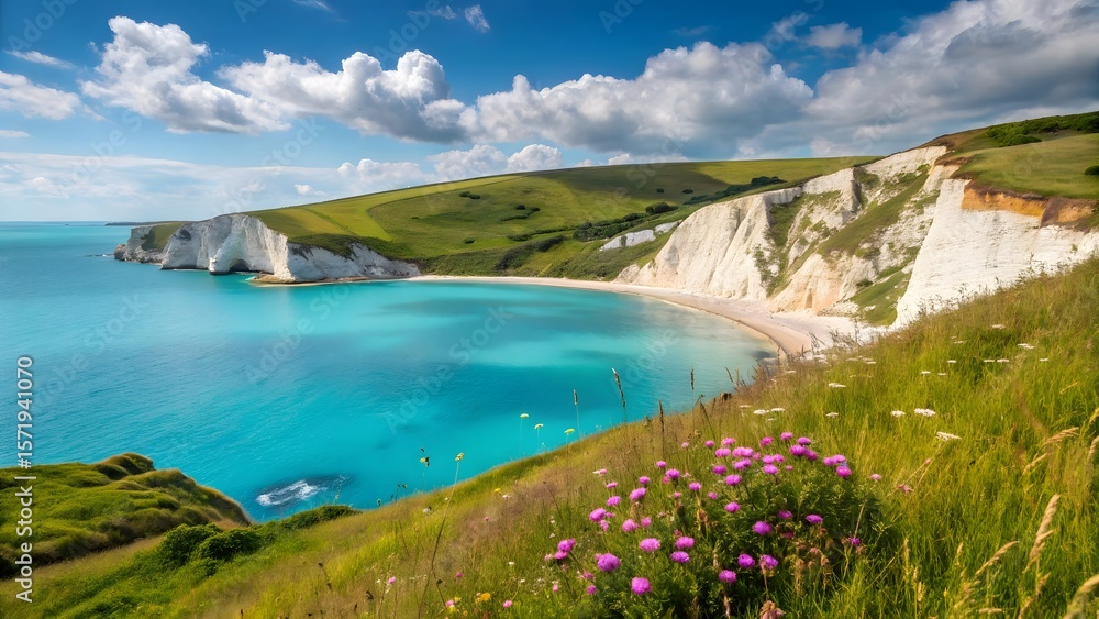 Obraz premium Scenic White Cliffs and Turquoise Cove with Wildflowers on a Sunny Coastline