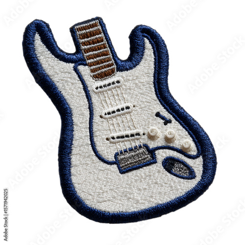 A blue and white embroidered electric guitar patch for music lovers isolated on transparent background