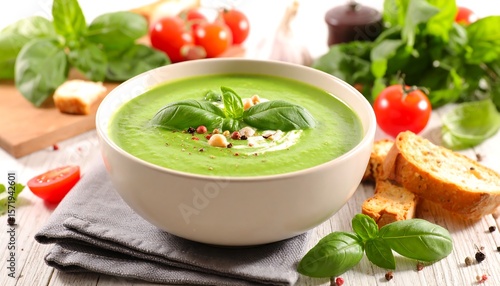 Creamy green soup in bowl, garnished with basil and croutons