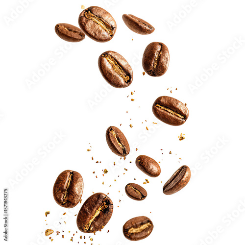 Roasted coffee beans falling in midair. Isolated on a clean white background with scattered crumbs. Evokes energy and productivity. Ideal for cafe menus, packaging, and ads.