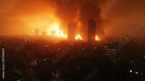 City ablaze at night. Fiery inferno engulfs buildings