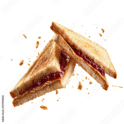 Two Peanut Butter and Jelly Sandwiches on Toasted White Bread with Crumbs on Transparent Background