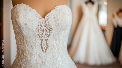 Closeup of ornate wedding gown bodice
