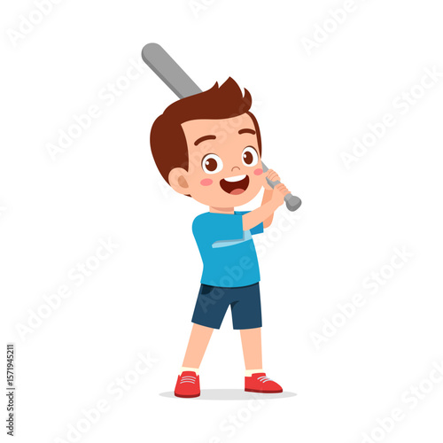 Smiling Boy Holding Baseball Bat Ready to Hit and Playing Sport, Cartoon Illustration Style