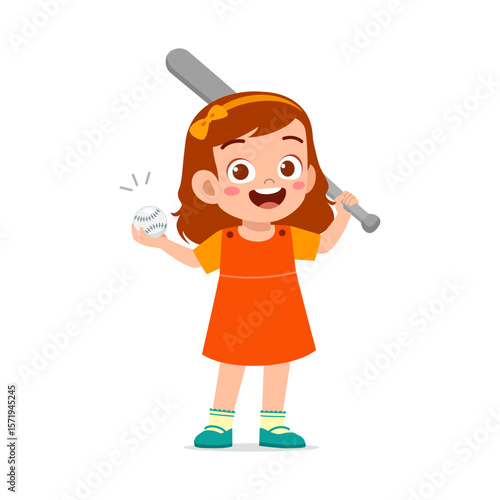 Cute Little Girl Holding Baseball and Bat Smiling Playing Sports in Cartoon Illustration