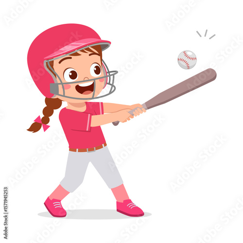 Happy girl batter with helmet hitting baseball with bat in cartoon illustration style