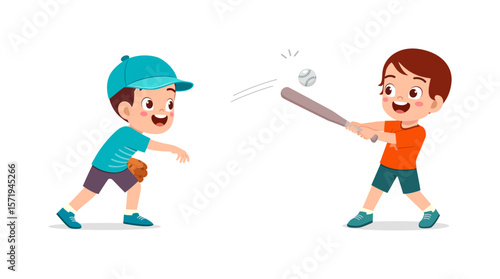 Two Boys Playing Baseball, One Throwing and One Hitting the Ball with Bat, Illustration