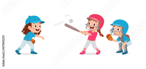 Cartoon Girls Playing Baseball, One Pitching, One Batting, and One Catching with Happy Expression